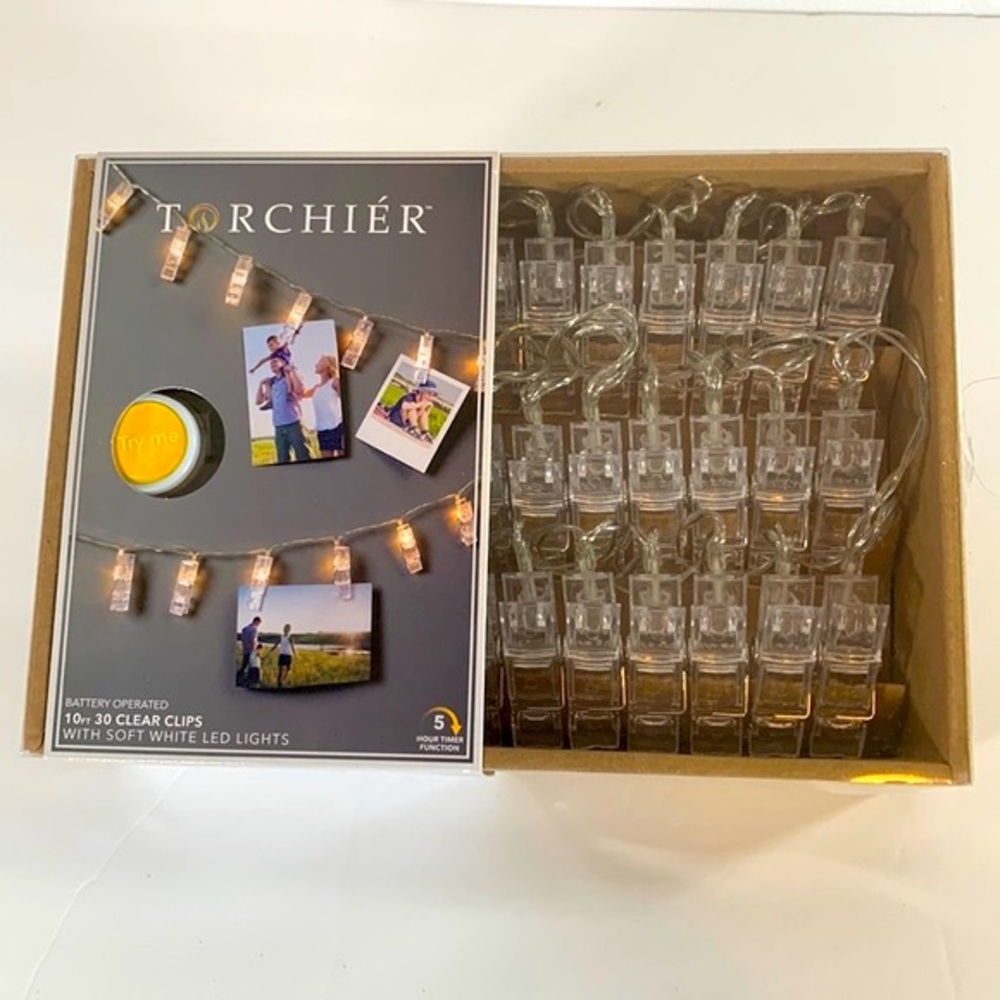 Torchier NIB Battery Operated 10 Ft 30 Clear Clips With Soft White LED Lights